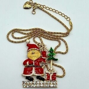 New without tags red and white crystal and enamel Santa Claus Christmas necklace